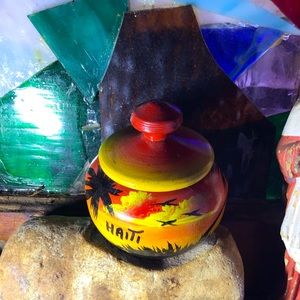 Vintage Souvenir Hand Painted Wood Trinket Box Jar Stash Haiti Coastal Fire Palm